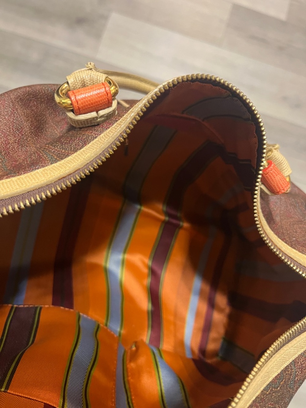 Etro Brown Leather Satchel with Tan Handles and Orange Trim - Picture 6 of 6